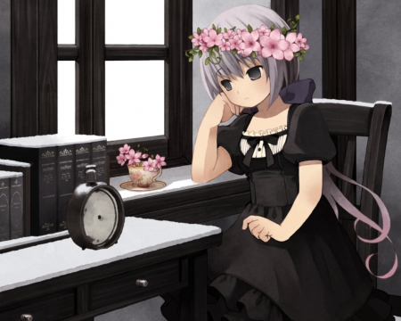 Boredom - flower, book, black, cute, anime girl, girl, floral, sundress, kawaii, short hair, window, dark, anime, dress, chair, bored, sad, female