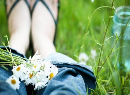 Enjoyment - daisies, shoes, grass, nature