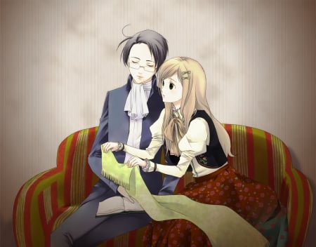 â™¡ Couple â™¡ - lover, hot, anime girl, hetalia axis powers, blond hair, blonde hair, ribbon, skirt, sexy, long hair, scarf, jacket, chair, beautiful, sweet, dress, guy, nice, beauty, sofa, female, blond, pretty, anime, cute, short hair, axis powers, handsome, love, male, couple, girl, lovely, hetalia, boy, blonde