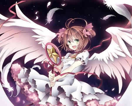 Kinomoto Sakura - pretty, female, wing, angel, happy, weapon, nice, gown, card captor, hot, feather, wings, sakura kinomoto, cute, sexy, wand, anime, kawaii, dress, cardcaptor, rod, short hair, ribbon, kinomoto sakura, anime girl, sakura, staff, girl, lovely, brown hair, sweet, smile, magical girl, cardcaptor sakura