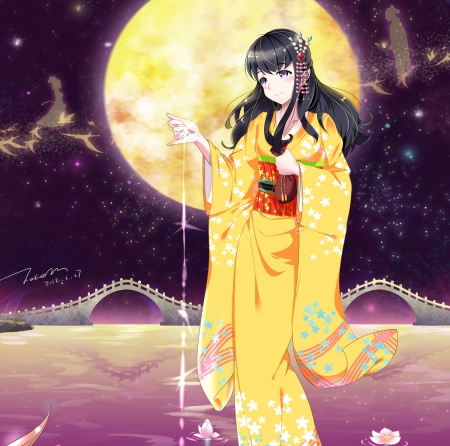 Celestial Maiden - maiden, beautiful, anime girl, girl, oriental, fantasy, lady, magic, magical, glow, pretty, water, beauty, sweet, anime, yukata, night, long hair, nice, lovely, black hair, moon, kimono, female