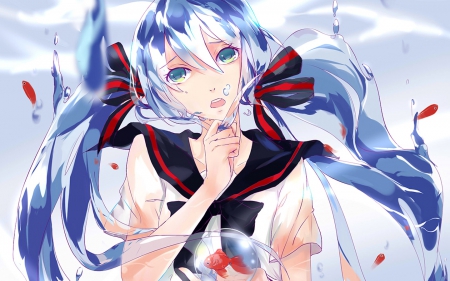 Vocaloid - upset, emotional, anime girl, underwater, gorgeous, amazing, pretty, anime, ribbon, bottle miku, miku, manga, sad, twintails, blue eyes, long hair, lovely, hatsune, blue hair, twin tails, bow, vocaloid, beautiful, uniform, awesome