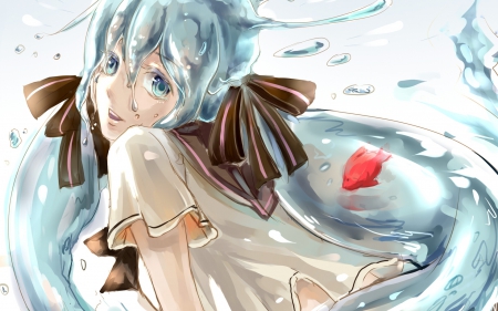 Vocaloid - fun, emotional, anime girl, underwater, gorgeous, amazing, pretty, anime, miku, ribbon, bottle miku, cute, manga, sexy, twintails, blue eyes, long hair, lovely, hatsune, blue hair, playful, bow, twin tails, vocaloid, beautiful, sweet, awesome, uniform, smile, happy