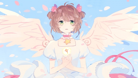 Cardcaptor Sakura - Cute, Manga, Sweet, White Dress, Anime Girl, Dress, Lovely, Brown Hair, Green Eyes, Anime, Emotional, Angel, Cardcaptor Sakura, Sakura, Amazing, Awesome, Wings, Kinomoto, Beautiful, Pretty, White Wings, Magic, Gorgeous, Short Hair, Magical, Cardcaptor