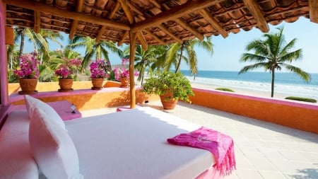 Beautiful View - beach house, house, vacation, beach, beautiful, sea, lovely, flower, pink, flowers, villa, bed, view, paradise, mexico