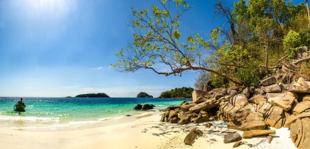 Koh Lipe Beach, Thailand - trees, water, beige, blue, beach, boat, landscape, island, ocean, sand, Paradise, white, green, turquoise