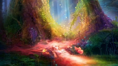 Bathed in sunlight - anime, multicolor, butterflies, grass, forest, light, dream, flowers, art, beautiful, girl, beauty, lovely, rest, fantasy, cute, day