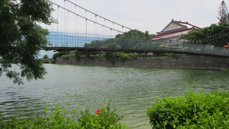 Suspension bridge - hiking, lake, plants, suspension bridge, temple