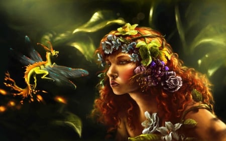 âœ«Flora & Flying Dragonâœ« - people, hair, wings, fantasy, skin textures, creative pre-made, digital art, softness beauty, dragon, flowers in their hair, paintings, flying dragon, beautiful girls, love four seasons, flora, weird things people wear, flowers, portraits, drawings