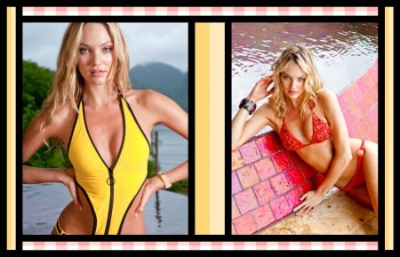 Candice Swanepoel - cehenot, beauty, woman, collage, girl, swimsuit, water, summer, model, yellow, pink, red, candice swanepoel, blonde