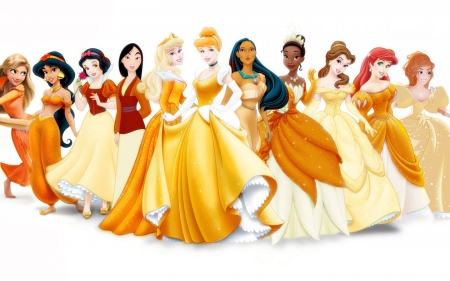 Disney princesses - woman, princess, girl, white, yellow, red, disney, orange, dress