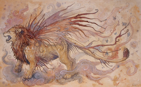 Zodiac ~ Leo - art, lion, zodiac, creature, orange, wings, leo, fantasy