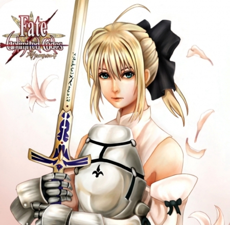 Saber Lily - saber, anime, female, warrior, blonde, blond hair, long hair, armor, blond, ribbon, hd, weapon, anime girl, realistic, beautiful, hot, girl, sword, blonde hair, beauty, flower, petals, knight, blade, cg, close, cute, 3d, floral, sexy, fate stay night, excalibur