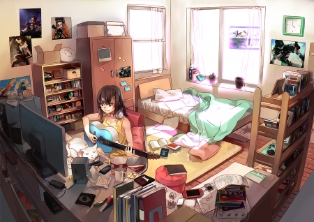 Messy Music - pretty, shelf, female, book, window, laptop, guitar, headphones, animal, bed, pillow, television, nice, technology, house, hot, bedroom, cupboard, cute, computer, sexy, anime, poster, closet, home, kitten, tv, anime girl, girl, lovely, sweet, pc, cat, digital, kitty