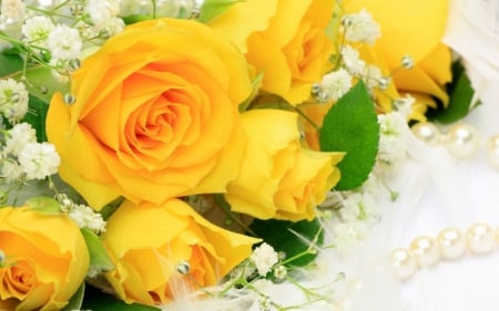 Yellow roses - white, pearls, yellow, summer, green, flower, bouquet