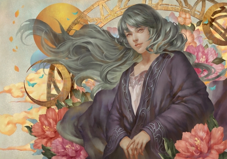 ♡ Maiden ♡ - pretty, anime, female, blossom, windy, maiden, green hair, long hair, hd, nice, breeze, anime girl, beautiful, hot, girl, beauty, lovely, sweet, flower, wind, blouse, lady, jacket, cute, floral, sexy