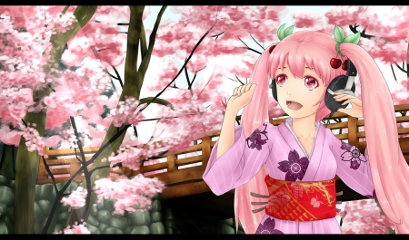 Sakura Miku - pretty, anime, vocaloid, twin tail, female, twintail, blossom, hatsune miku, pink, long hair, pink eyes, headphones, sakura miku, nice, pink hair, twin tails, anime girl, sakura, twintails, hot, girl, kimono, lovely, sweet, flower, yukata, miku, cute, hatsune, floral, sexy, vocaloids