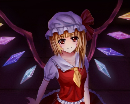 Flandre Scarlet - anime, female, wing, flandre scarlet, dress, blonde, blond hair, dark, scarlet, short hair, touhou, blond, anime girl, hot, girl, flandre, blonde hair, red eyes, black, wings, fairy, cute, sexy