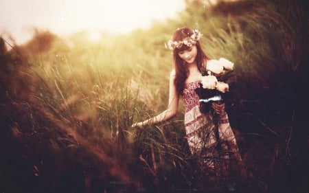 girl in field mood - asian, grass, outdoor, flower