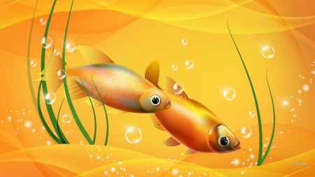 Fish of Gold - pets, water, yellow, gold fish, sea, aquarium, gold, grass, bowl, bubbles, swim