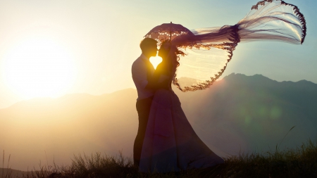 heart shaped kiss - heart, romantic, photography, silhouette, romance, love, sunset, nature, couple, sun, sky, lovers