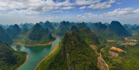 GUILIN NATIONAL PARK, CHINA - clouds, roads, water, blue, rivers, skies, forests, white, green, domes, valleys, landscapes