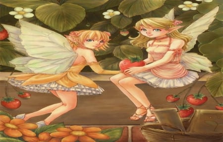 Strawberry Fairies - strawberry, fantasy, orginal, fairy, girl, art