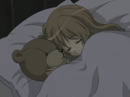 Sweet Dream - pretty, anime, kawaii, female, long hair, strawberry panic, bed, teddy, teddy bear, nice, sleeping, anime girl, girl, lovely, brown hair, sweet, toy, sleep, cute, adorable