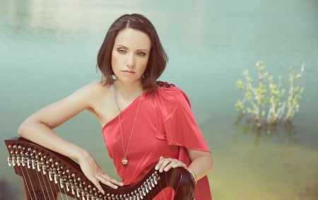 * - harp, woman, red, dress, brunette