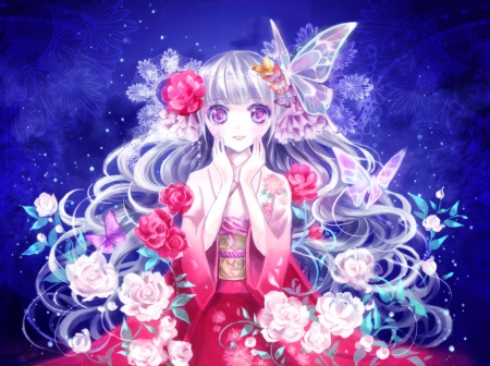 ♡ Maiden ♡ - pretty, anime, elegant, female, blossom, maiden, long hair, gorgeous, nice, anime girl, beautiful, hot, girl, beauty, kimono, lovely, sweet, flower, yukata, lady, cute, floral, sexy