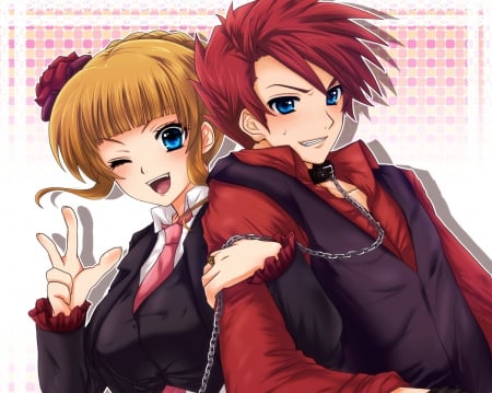 ♡ Couple ♡ - pretty, anime, romantic, blonde, guy, wink, romance, blond hair, long hair, boy, male, short hair, red hair, blond, nice, blue eyes, anime girl, chain, hot, girl, blonde hair, lovely, love, sweet, handsome, redhead, cute, lover, sexy, couple