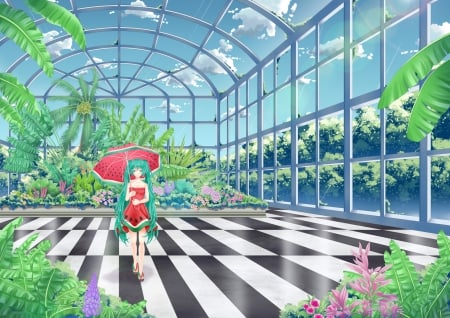 Green House - hot, sundress, anime girl, green house, umbrella, hatsune miku, sexy, long hair, vocaloids, floral, vocaloid, beautiful, sweet, dress, nice, beauty, female, twintail, pretty, anime, plant, miku, tree, twin tail, cute, girl, twintails, lovely, hatsune, hd, twin tails, green hair, flower