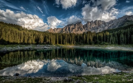 Lake Karevsee, Italy - lake, mountains, trees, nature