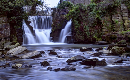 Penllergaer Waterfall, Wales - nature, wales, waterfall, rocks