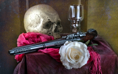 Macabre Still Life - Rose, Still Life, Skull, Gun