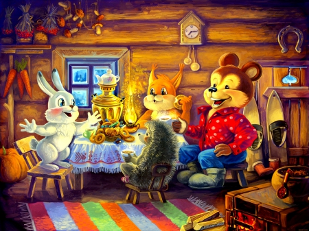 SUPPER TIME - art, supper, cartoon, animals, bear, bunny