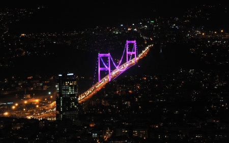 Bosphorus bridge - yellow, beautiful, photography, evening, city, night, architecture, dark, black, purple, lights, bridge