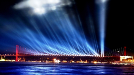 suspension bridge - water, blue, beautiful, photography, traval, architecture, istanbul, turkey, lights, bridge