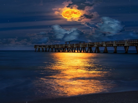 HARVEST MOON - moon, stars, sky, ocean, beach, night, waves, pier, reflection, clouds