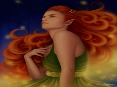 Attractive Fireflies - people, dress, drawings, beautiful girls, portraits, women, firefly, softness beauty, paintings, digital art, fireflies, weird things people wear, redhair, girls, glow, woman, model