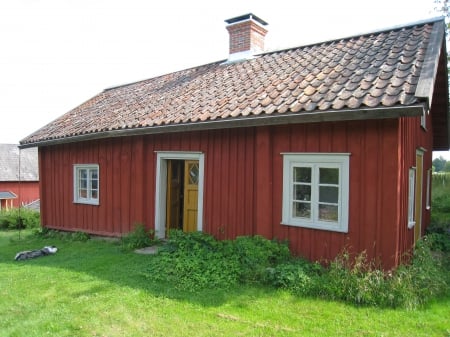 Old house from sixteenth century - house, summer, Sweden, grass, countryside, door, red, old, sky