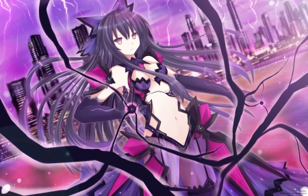 Kazenokaze - girl, city, anime, lightning, date a live, black hair, dress