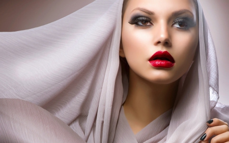 Beauty - red, make-up, beauty, model, veil, scarf, girl, white, woman