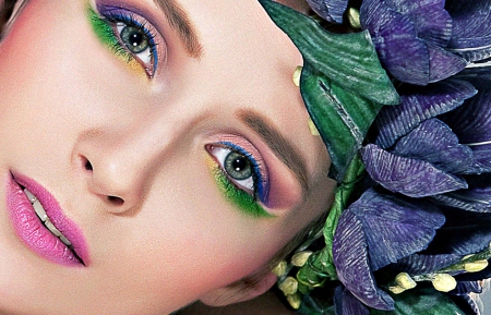 Summer make-up - woman, beauty, girl, summer, make-up, model, purple, pink, green, flower