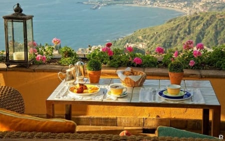 romantic breakfast - beauty, landscape, flowers, sea, nature