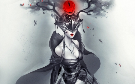 Fantasy girl by Sakimichan - hat, draw, dress, girl, sakimichan, black, fantasy, white, red, helmet, woman, art