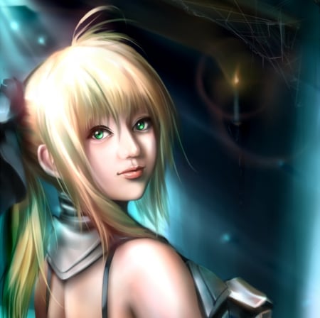 Saber Lily - hot, anime girl, ight, blond hair, sparks, blonde hair, sexy, warrior, light, long hair, fate stay night, glow, 3d, beautiful, sweet, nice, realistic, saber, beauty, close up, female, blond, fate extra, pretty, anime, cute, girl, lovely, cg, hd, saber lily, green eyes, blonde