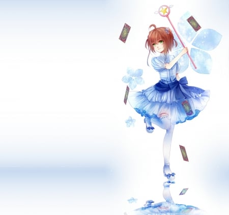 Kinomoto Sakura - pretty, female, green eyes, weapon, nice, card, gown, card captor, beauty, sakura kinomoto, cute, wand, anime, blue, kawaii, dress, reflection, cardcaptor, rod, short hair, card captor sakura, kinomoto sakura, kinomoto, anime girl, sakura, beautiful, staff, girl, lovely, brown hair, sweet, magical girl, cardcaptor sakura, adorable