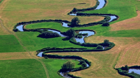 amazing snake river - fields, river, serpentine, tracks, bushes