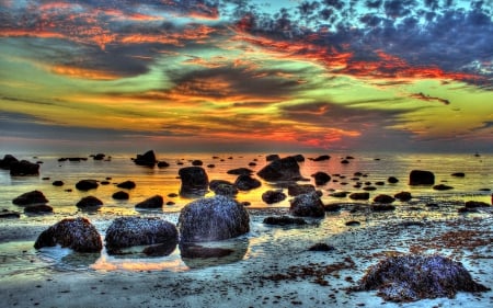 Sunset on a Beach ~ HDR - Sunset, Lake, Rocks, Beach